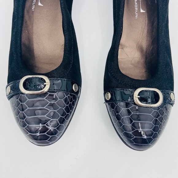 AGL ATTILIO GIUSTI LEOMBRUNI Black Leather Snakeskin Cap Toe Low Wedge Shoes - Picture 5 of 10